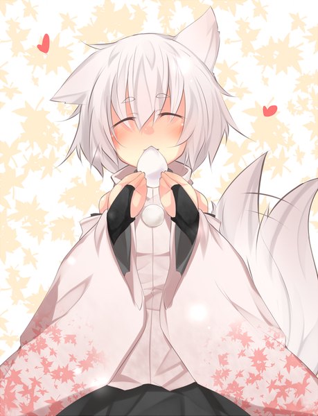 Anime picture 919x1200 with touhou inubashiri momiji kazami ryouya single tall image blush fringe short hair hair between eyes sitting bare shoulders holding animal ears ahoge white hair tail eyes closed long sleeves traditional clothes japanese clothes