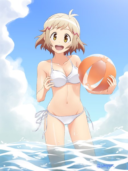 Anime picture 1200x1600 with senki zesshou symphogear satelight tachibana hibiki unyon single tall image looking at viewer short hair open mouth brown hair standing signed yellow eyes sky cloud (clouds) ahoge partially submerged girl hair ornament swimsuit
