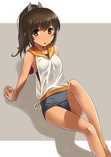 Anime picture 637x900 with kantai collection i-401 aircraft carrying submarine katahira masashi single long hair tall image looking at viewer blush simple background brown hair sitting brown eyes ponytail girl swimsuit one-piece swimsuit sailor suit school swimsuit