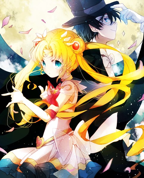 Anime picture 1035x1280 with bishoujo senshi sailor moon toei animation tsukino usagi sailor moon chiba mamoru tuxedo kamen super sailor moon fuyusuke tall image looking at viewer blush short hair black hair blonde hair smile twintails payot very long hair profile aqua eyes