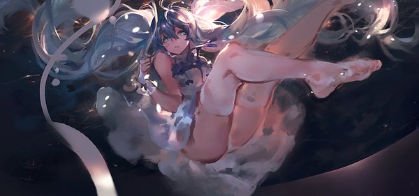 Anime picture 1350x633 with vocaloid hatsune miku kishiyo single long hair looking at viewer open mouth light erotic wide image bare shoulders ass aqua eyes aqua hair no shoes leg lift (legs lift) revision space girl thighhighs dress