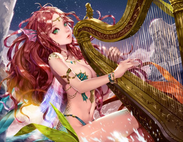 Anime picture 1308x1020 with original coffee dog single long hair looking at viewer blush breasts light erotic large breasts green eyes red hair wavy hair insect wings playing instrument girl wings bracelet jewelry necklace musical instrument