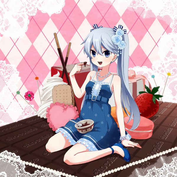 Anime picture 1000x1000 with original musco single long hair blush open mouth blue eyes twintails blue hair hair flower girl dress hair ornament food sweets chocolate pocky