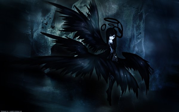 Anime picture 1920x1200 with long hair highres black hair wide image black background girl wings bat