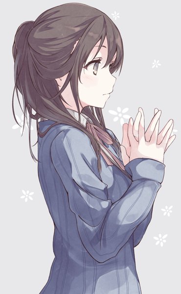 Anime picture 617x1000 with original hiwatari rin single long hair tall image blush fringe simple background brown hair brown eyes payot looking away upper body ponytail profile grey background expressionless hands clasped hair over shoulder interlocked fingers