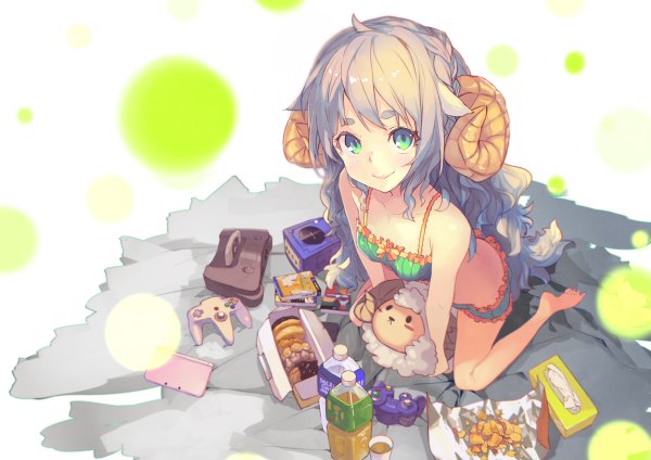 Anime picture 1200x848 with original yoo (tabi no shiori) single long hair looking at viewer green eyes animal ears horn (horns) light smile grey hair girl food toy stuffed animal doughnut