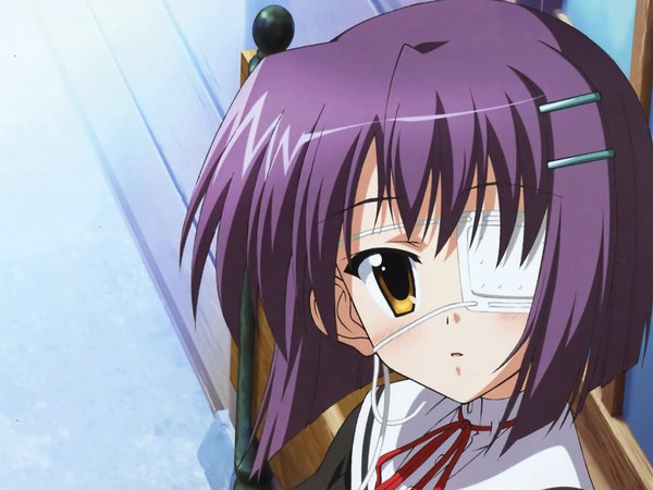 Anime picture 1600x1200 with ef shaft (studio) shindou chihiro nanao naru single looking at viewer blush short hair yellow eyes purple hair girl hair ornament hairclip eyepatch