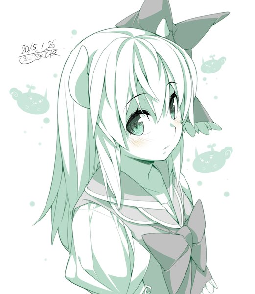 Anime picture 2000x2300 with touhou kamishirasawa keine ex-keine kokka han single long hair tall image looking at viewer blush highres simple background green eyes signed horn (horns) green hair dated monochrome girl dress uniform