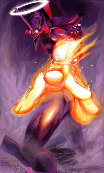 Anime picture 1476x2461 with neon genesis evangelion rebuild of evangelion evangelion: 2.0 you can (not) advance end of evangelion gainax eva 01 single tall image looking at viewer open mouth horn (horns) glowing smoke science fiction armor halo flame hand robot mecha
