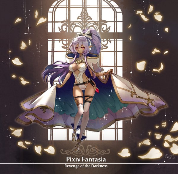 Anime picture 1000x975 with original pixiv fantasia pixiv fantasia revenge of the darkness renno single long hair fringe breasts light erotic hair between eyes red eyes large breasts looking away purple hair bent knee (knees) ponytail pointy ears sparkle thighs glowing