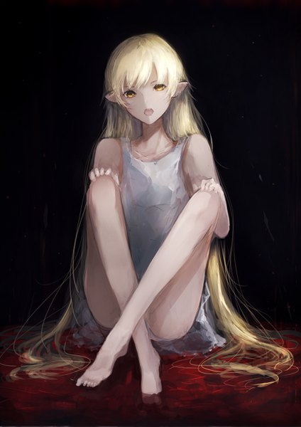 Anime picture 1736x2456 with kizumonogatari shaft (studio) monogatari (series) kissshot acerolaorion heartunderblade marumoru single tall image looking at viewer highres open mouth light erotic simple background blonde hair bare shoulders yellow eyes very long hair barefoot pointy ears crossed legs black background