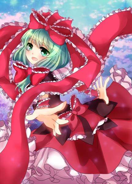 Anime picture 1200x1668 with touhou kagiyama hina shromann (artist) single long hair tall image open mouth green eyes green hair outstretched arm girl dress bow ribbon (ribbons) hair bow