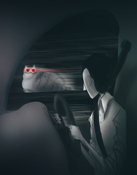 Anime picture 800x1018 with original cotton valent tall image short hair black hair smile red eyes looking away dark background car interior driving creepy boy animal shirt cat ground vehicle car