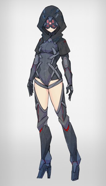 Anime picture 456x800 with original uyu (keyakinoki) single tall image breasts standing grey background high heels gradient background mechanical mechanical arms girl boots hood thigh boots mask