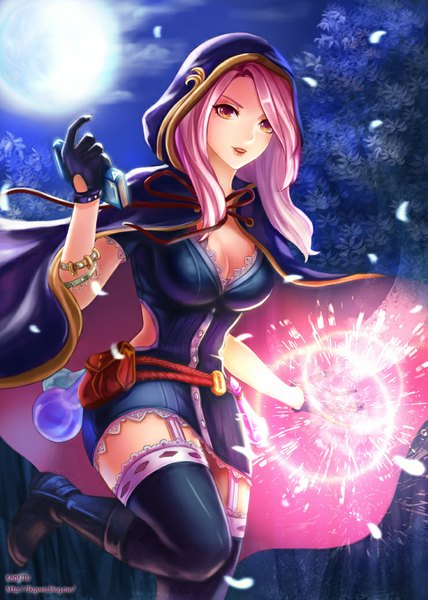 Anime picture 740x1036 with original kankito single long hair tall image looking at viewer blush breasts light erotic large breasts holding pink hair cleavage pink eyes light smile night night sky girl thighhighs gloves