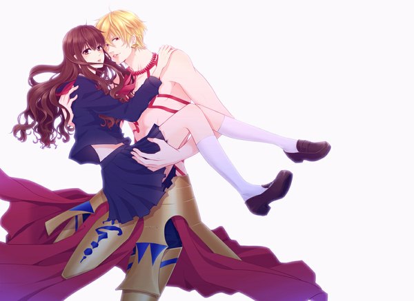 Anime picture 1096x800 with fate (series) fate/extra fate/extra ccc type-moon gilgamesh (fate) kishinami hakuno (female) rabio321 long hair looking at viewer short hair simple background blonde hair red eyes brown hair white background multiple girls brown eyes couple carrying princess carry