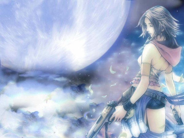 Anime picture 1024x768 with final fantasy final fantasy x final fantasy x-2 square enix yuna (ff10) short hair light erotic brown hair sky ass night sideboob moon