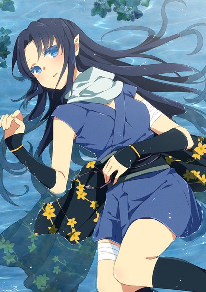 Anime picture 650x922 with original kaya (ryuuha) inma r. single long hair tall image looking at viewer blush open mouth blue eyes black hair signed lying traditional clothes japanese clothes pointy ears partially submerged afloat borrowed character girl
