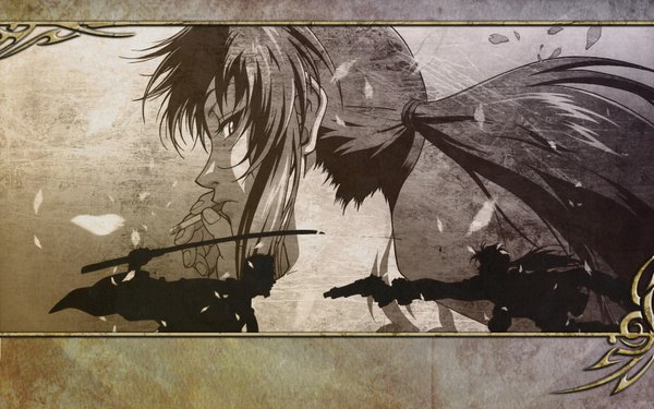 Anime picture 1680x1050 with black lagoon madhouse revy (black lagoon) long hair wide image tail looking back monochrome silhouette girl weapon petals sword katana gun cigarette