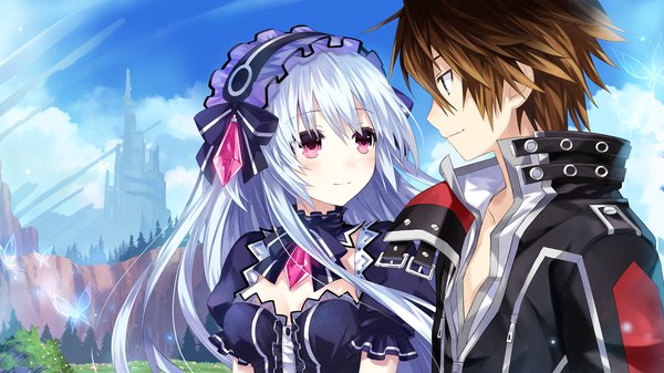 Anime picture 1280x720 with fairy fencer f tiara (fairy fencer f) fang (fairy fencer f) tsunako long hair blush short hair blue eyes brown hair wide image looking away game cg sky cloud (clouds) white hair pink eyes couple girl dress boy