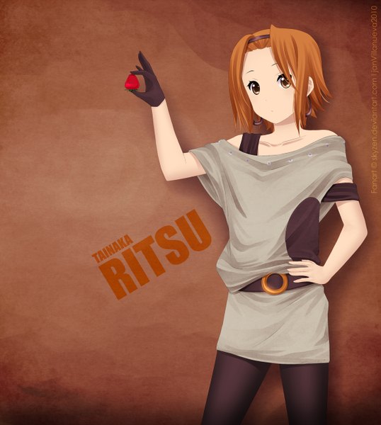 Anime picture 1157x1290 with k-on! kyoto animation tainaka ritsu skyzen (artist) single tall image looking at viewer short hair simple background brown hair brown eyes inscription hand on hip girl dress gloves earrings pantyhose food belt