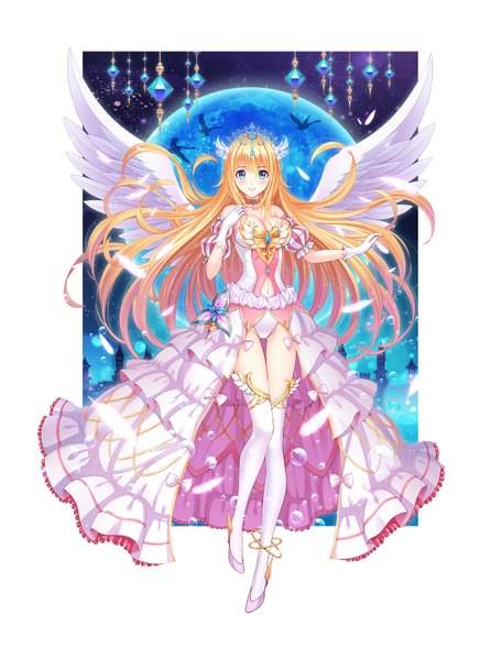 Anime picture 2500x3360 with original ltt challenger single long hair tall image looking at viewer blush highres blue eyes blonde hair smile girl thighhighs dress gloves white thighhighs wings white gloves feather (feathers)