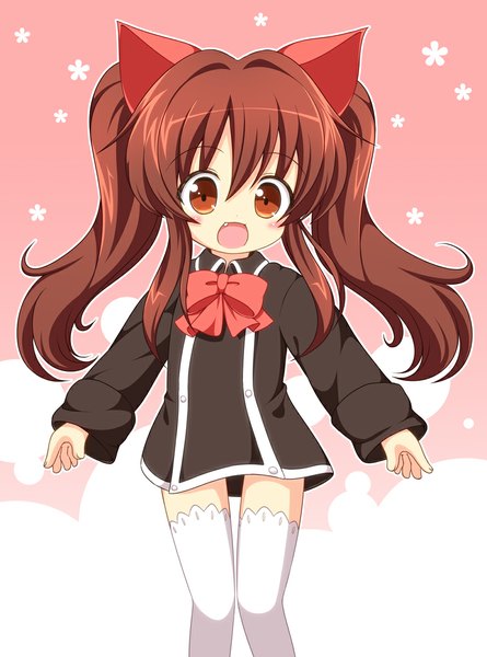 Anime picture 800x1078 with quiz magic academy aloe pira (artist) single long hair tall image blush open mouth smile brown hair twintails brown eyes pink background girl thighhighs ribbon (ribbons) hair ribbon school uniform white thighhighs