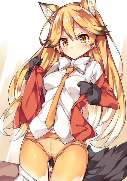 Anime picture 1004x1424 with kemono friends ezo red fox (kemono friends) unacchi (nyusankin) single long hair tall image looking at viewer blush fringe light erotic simple background blonde hair hair between eyes standing white background animal ears yellow eyes payot tail animal tail