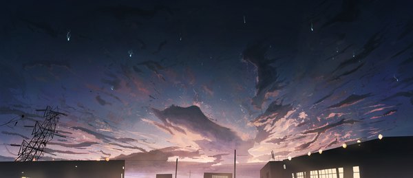 Anime picture 2000x864 with original banishment highres wide image sky cloud (clouds) evening sunset no people landscape building (buildings) power lines