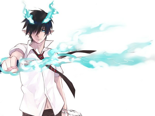 Anime picture 1000x750 with ao no exorcist a-1 pictures okumura rin kojoz (artist) single looking at viewer fringe short hair black hair white background holding aqua eyes pointy ears glowing open collar serious boy navel shirt sword