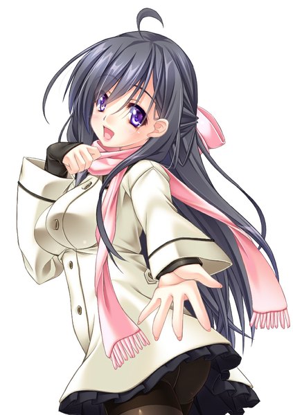 Anime picture 818x1160 with original argenteumastrum single long hair tall image looking at viewer open mouth light erotic black hair simple background white background purple eyes ahoge half updo outstretched hand girl skirt miniskirt pantyhose jacket