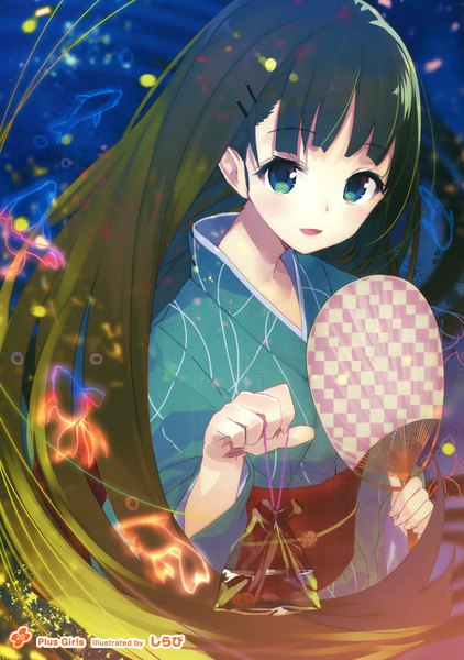 Anime picture 2530x3600 with girls, girls, girls! 11 (artbook) shirabi single long hair tall image looking at viewer highres blue eyes brown hair traditional clothes japanese clothes scan official art girl animal kimono obi fish (fishes) fan