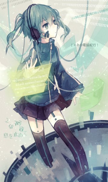 Anime picture 1364x2287 with kagerou project shaft (studio) ene (kagerou project) shirokunugi (artist) single tall image short hair blue eyes twintails blue hair looking away zettai ryouiki short twintails girl thighhighs black thighhighs miniskirt headphones number (numbers)