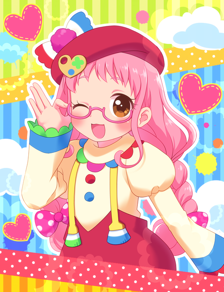 Anime picture 885x1153 with puri para pretty (series) ringo yuyu single long hair tall image looking at viewer blush open mouth smile pink hair braid (braids) one eye closed wink orange eyes twin braids adjusting glasses girl glasses