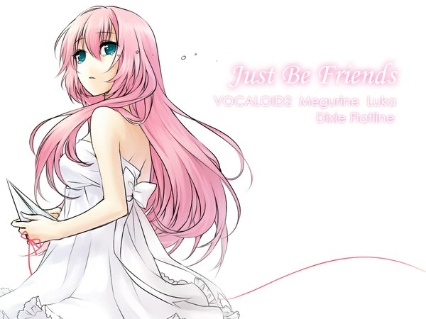 Anime picture 1024x768 with vocaloid just be friends (vocaloid) megurine luka rella long hair simple background white background bare shoulders pink hair aqua eyes inscription tears girl dress white dress thread red thread paper airplane