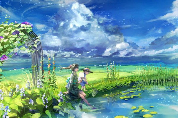 Anime picture 1000x666 with original aiha-deko long hair fringe sky cloud (clouds) ponytail traditional clothes japanese clothes barefoot wind arm support bare legs leaning leaning forward legs happy horizon girl flower (flowers)