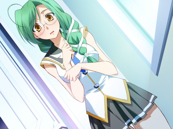 Anime picture 2400x1792 with soranica ele (game) yamamura honoka izumi mahiru long hair highres game cg green hair orange eyes girl glasses