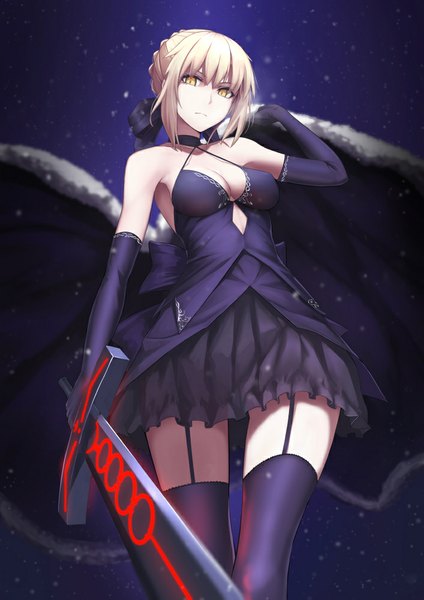 Anime picture 707x1000 with fate (series) fate/grand order fate/stay night type-moon artoria pendragon (all) saber saber alter shijiu (adamhutt) single tall image looking at viewer short hair blonde hair yellow eyes dark background girl thighhighs dress gloves weapon