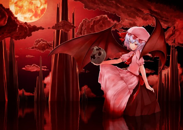 Anime picture 2700x1923 with touhou remilia scarlet ninnzinn single highres short hair red eyes blue hair cloud (clouds) red moon girl dress wings bonnet skull