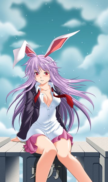 Anime picture 2451x4134 with touhou reisen udongein inaba lucrecia (artist) long hair tall image blush highres light erotic red eyes animal ears cleavage purple hair cloud (clouds) open clothes bunny ears open shirt bunny girl girl skirt miniskirt