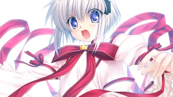 Anime picture 1280x720 with rewrite short hair open mouth wide image purple eyes game cg white hair girl uniform ribbon (ribbons) school uniform