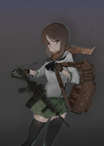 Anime picture 1200x1677 with girls und panzer nishizumi miho ekuesu single tall image blush short hair simple background brown hair holding brown eyes looking away zettai ryouiki black background frown girl uniform weapon serafuku scarf