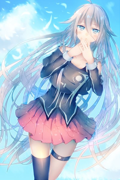 Anime picture 804x1200 with vocaloid ia (vocaloid) abandon ranka single tall image looking at viewer blush fringe blue eyes bare shoulders pink hair sky cloud (clouds) braid (braids) very long hair pleated skirt twin braids girl thighhighs skirt