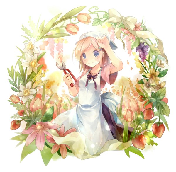 Anime picture 1000x979 with original ninjinshiru single looking at viewer blush short hair blue eyes blonde hair girl flower (flowers) apron