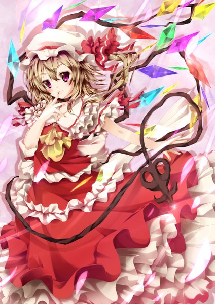 Anime picture 1753x2480 with touhou flandre scarlet nironiro single tall image highres brown hair purple eyes girl dress weapon hat wings crystal laevatein (touhou)