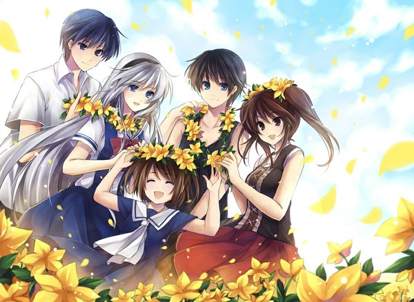 Anime picture 1000x731 with clannad key (studio) sakagami tomoyo okazaki tomoya kanako mishima tomo sakagami takafumi hagiwara rin long hair short hair open mouth blue eyes brown hair purple eyes twintails bare shoulders multiple girls blue hair sky silver hair