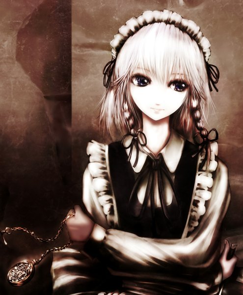 Anime picture 1140x1380 with touhou izayoi sakuya fuonon single tall image fringe short hair smile holding looking away white hair braid (braids) lips black eyes maid twin braids glow girl uniform bow