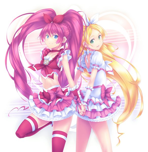 Anime picture 1107x1137 with precure suite precure toei animation houjou hibiki minamino kanade nanakusa long hair tall image blue eyes blonde hair smile multiple girls green eyes pink hair ponytail holding hands back to back girl thighhighs skirt