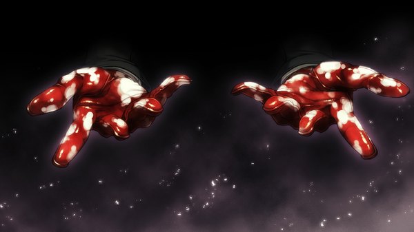 Anime picture 1024x576 with full metal daemon muramasa nitroplus wide image dark background gloves blood hands