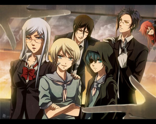 Anime picture 1000x793 with kuroshitsuji a-1 pictures sebastian michaelis ciel phantomhive alois trancy grell sutcliff claude faustus hannah annafellows kuro-mai long hair short hair open mouth blue eyes black hair blonde hair red eyes brown hair yellow eyes sky silver hair